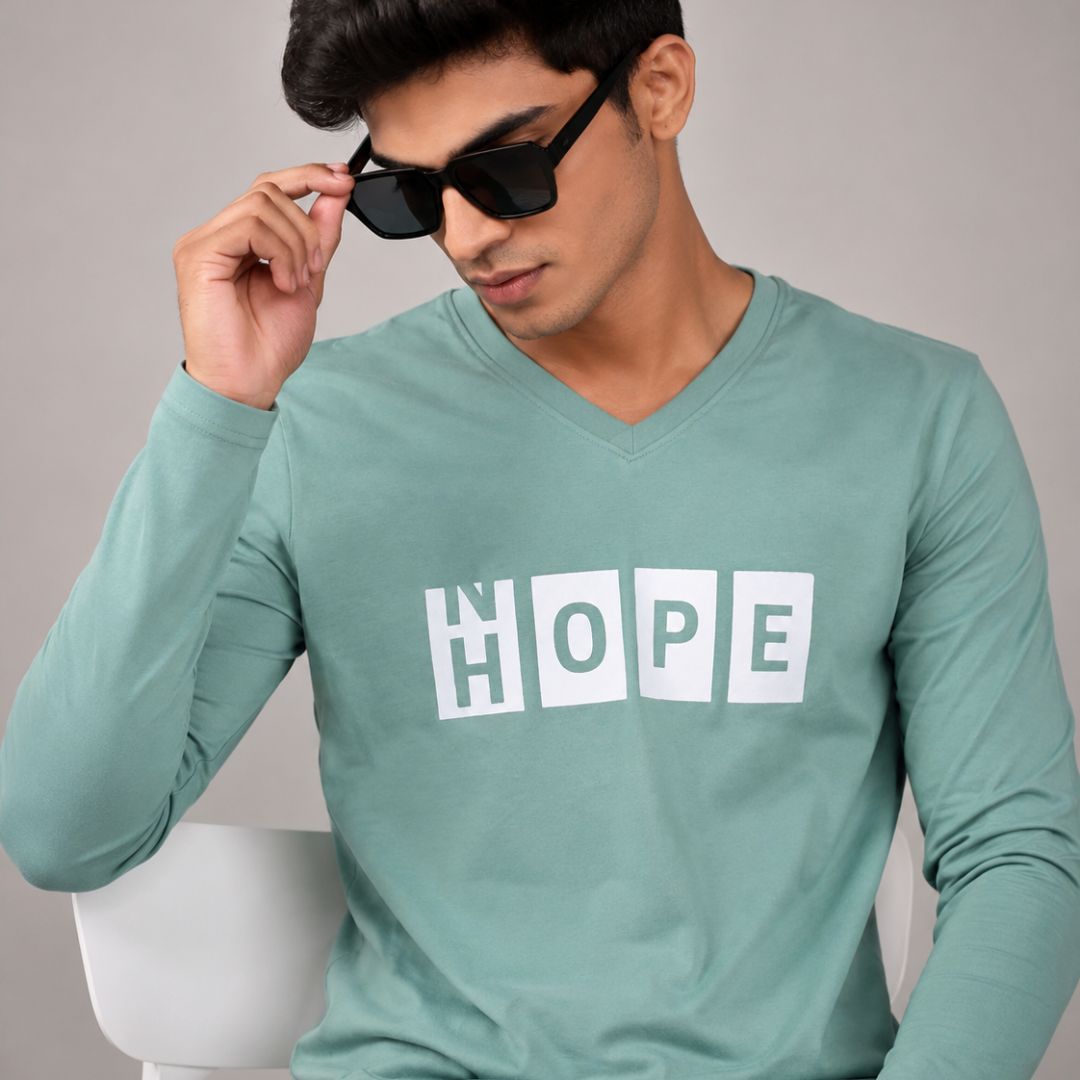 Pistachio Green HOPE T-Shirt – Premium Cotton V-Neck for Comfort & Style