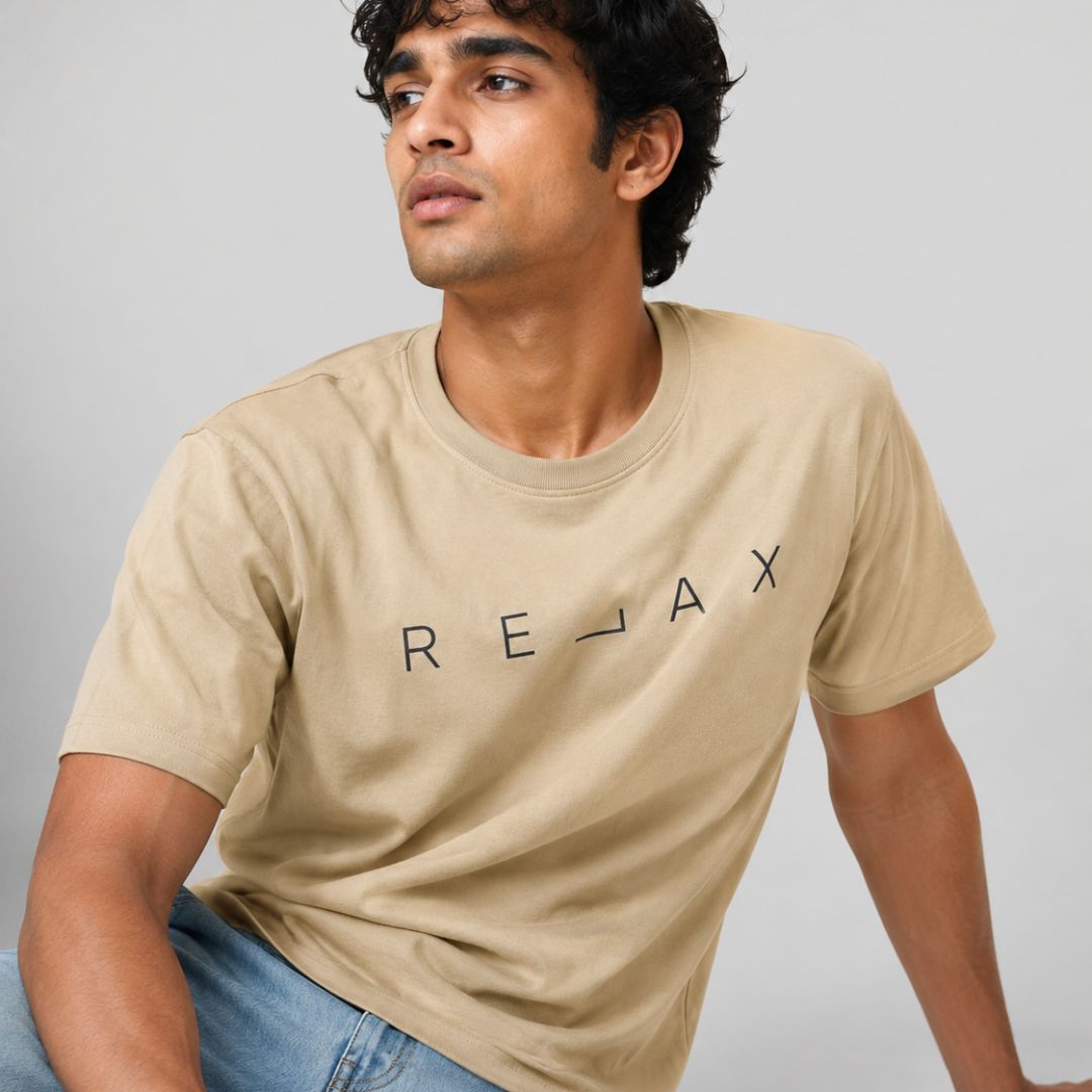 Beige “RELAX” Half Sleeve T-Shirt – 100% Cotton