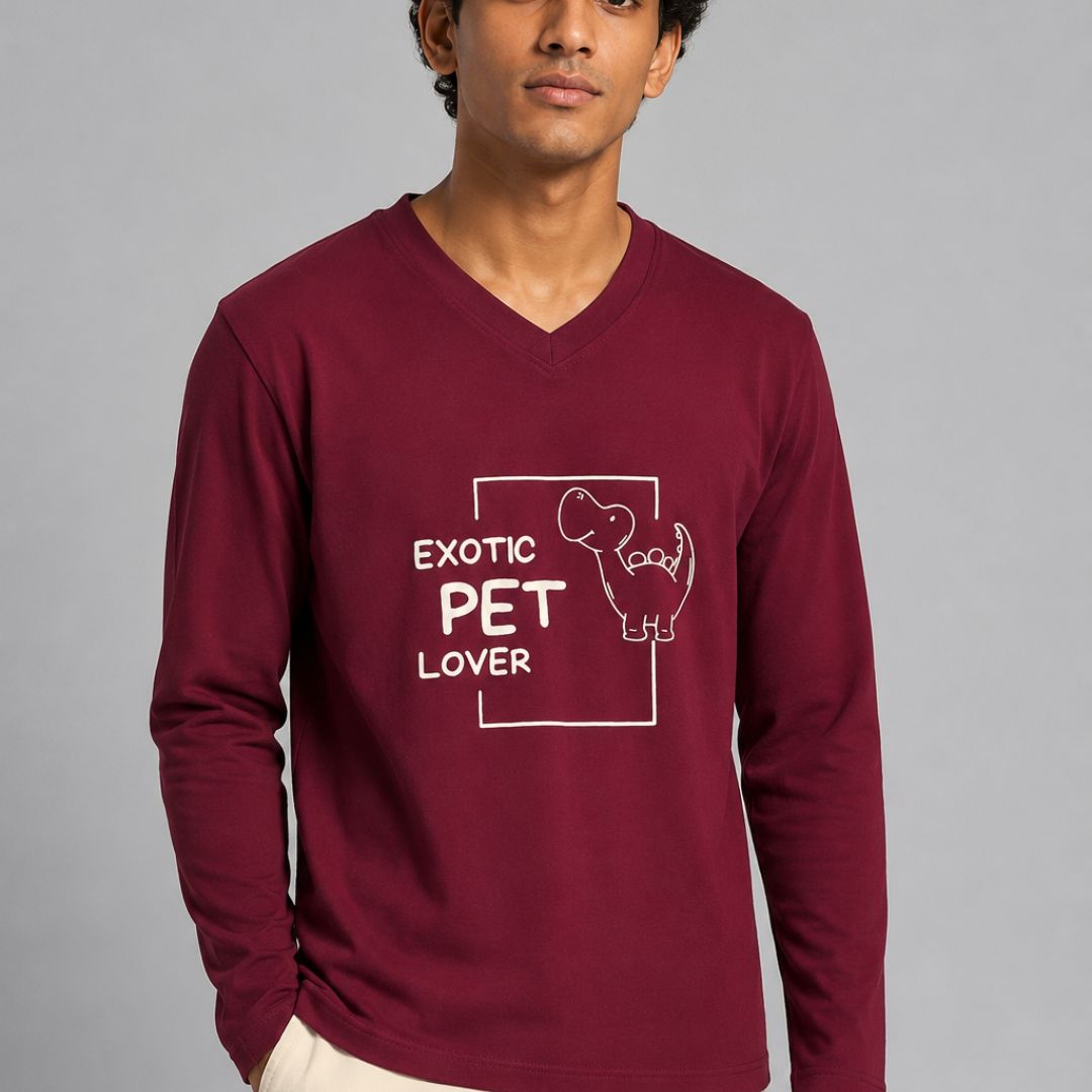 Dark Maroon Exotic Pet Lover T-Shirt – Premium Cotton V-Neck for Pet Enthusiasts