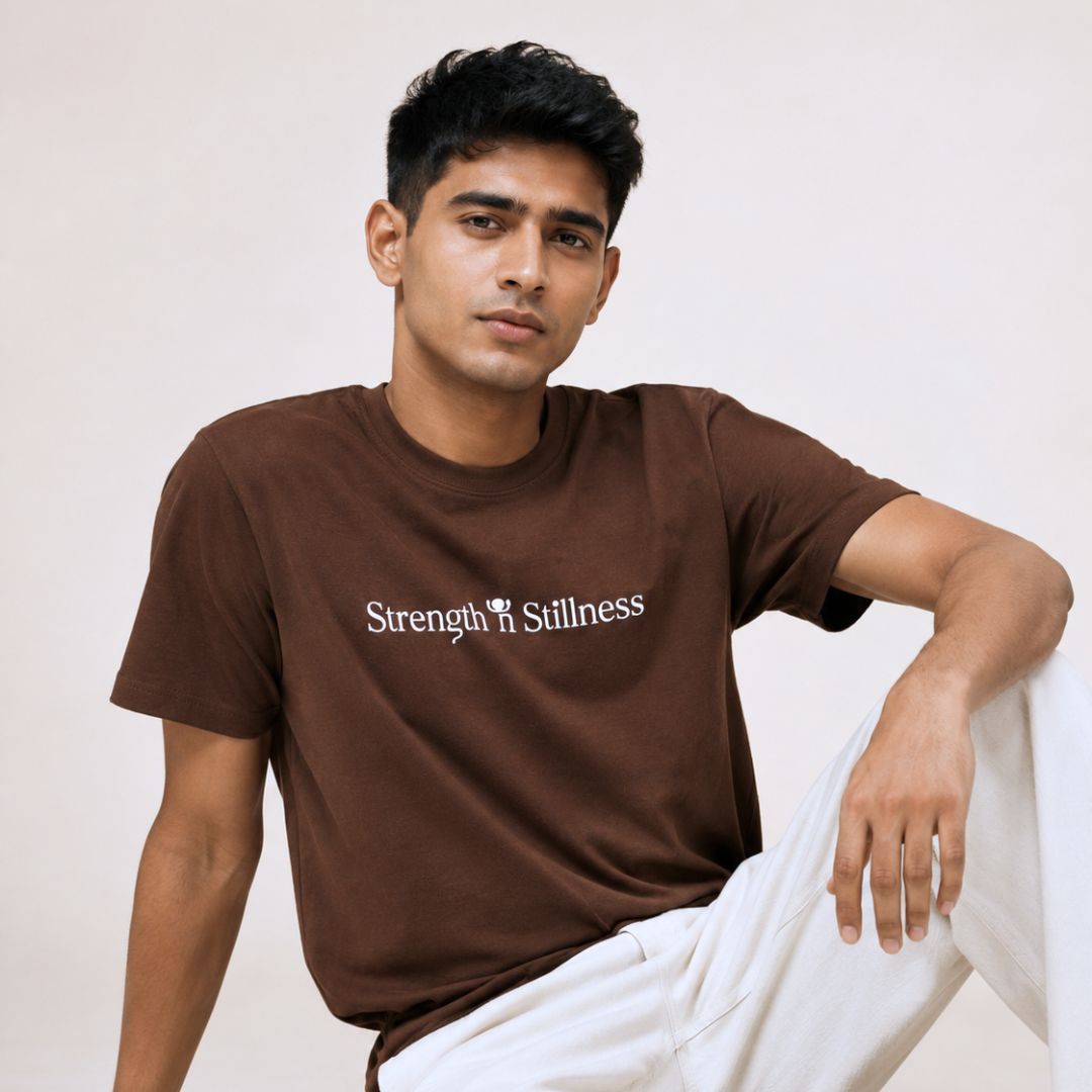 Strength in Stillness – Premium Minimal Brown Tee for Men & Women