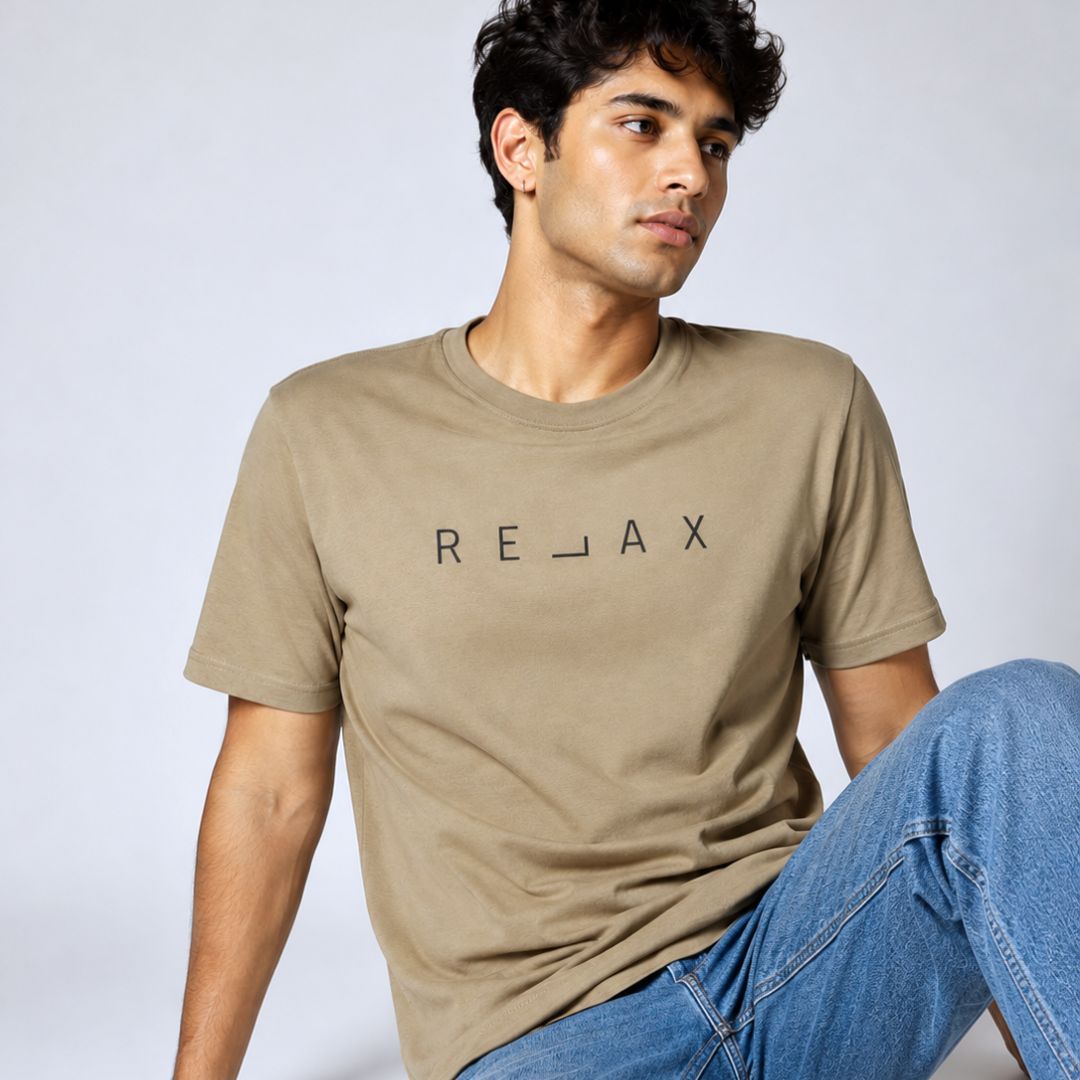 Beige “RELAX” Half Sleeve T-Shirt – 100% Cotton – Buy online at Aazham