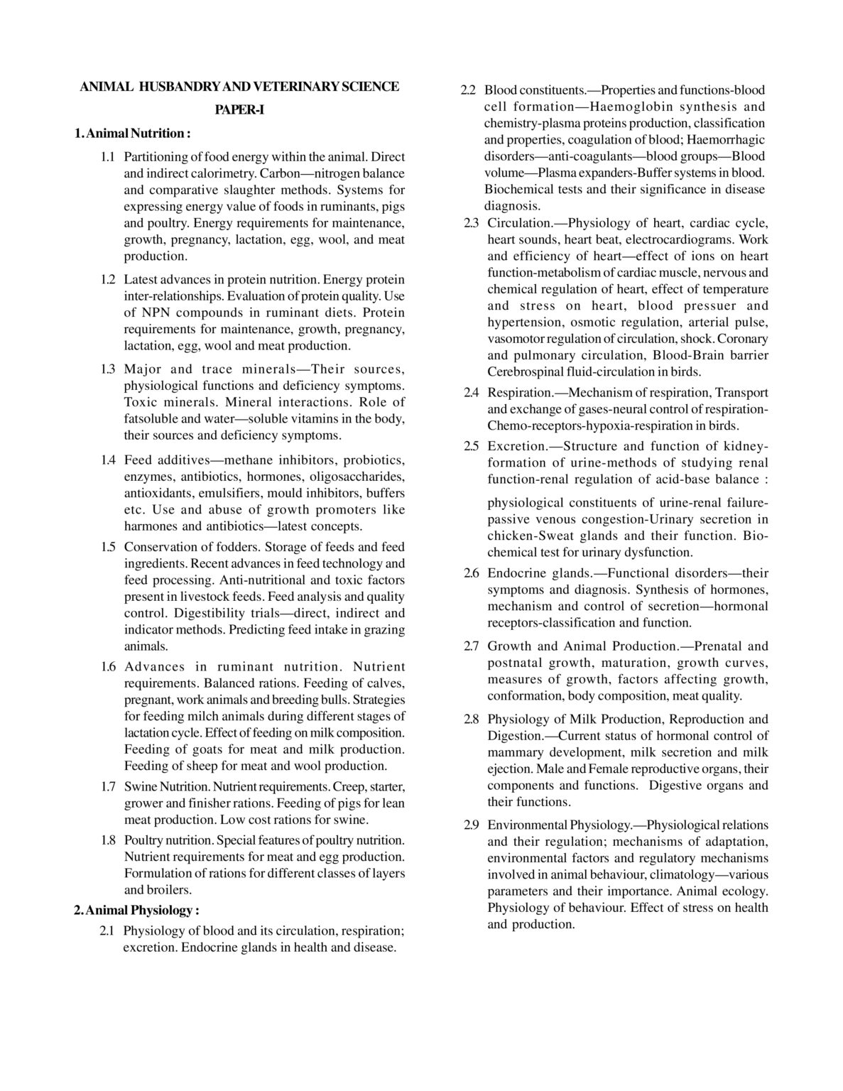 UPSC Animal Husbandry & Veterinary Sciences Syllabus for IAS Mains