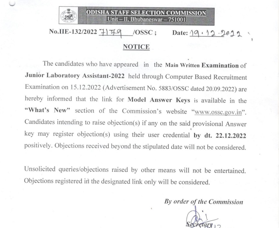 OSSC Junior Lab Assistant Answer Key JLO Merit List PDF 2022