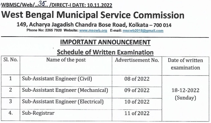 KMC Sub Assistant Engineer Exam Date 2022 Out, Check@@www.mscwb.org_40.1