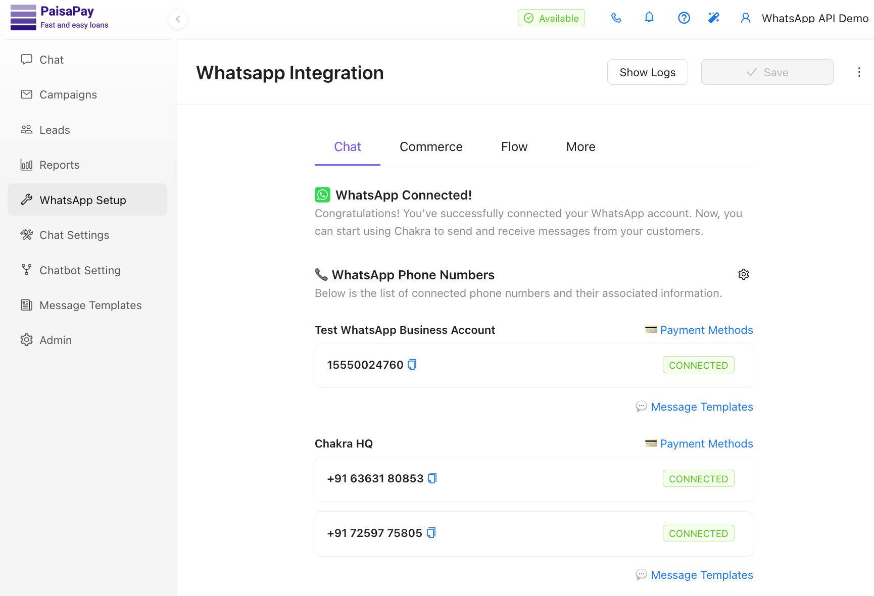 Connect and Manage multiple numbers in Chakra Chat