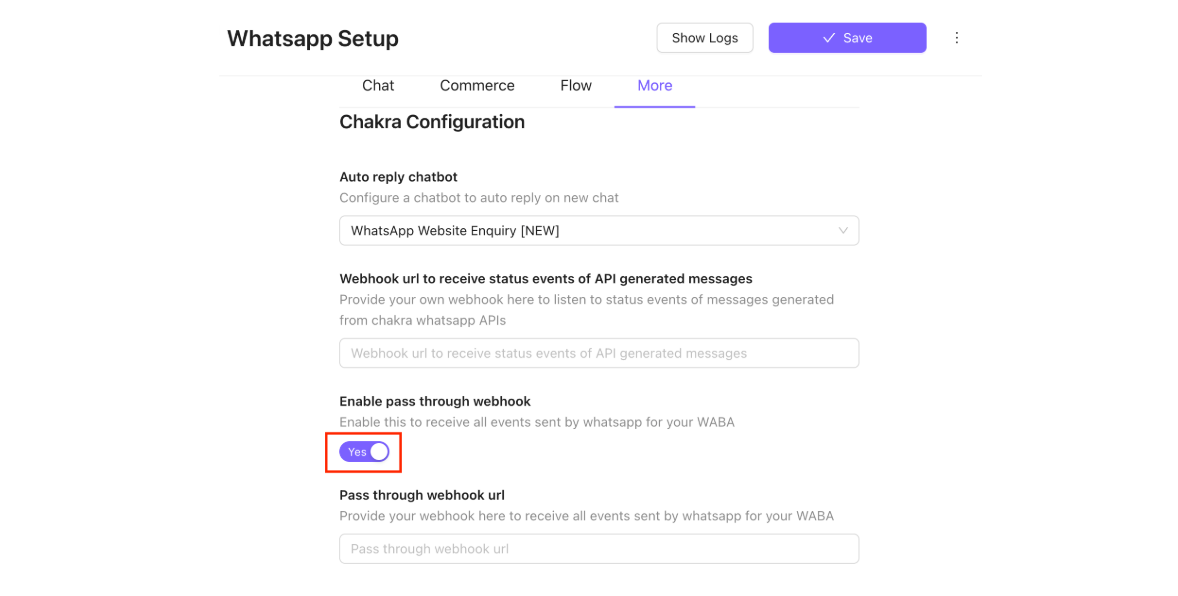 Chakra WhatsApp Setup pass through webhook