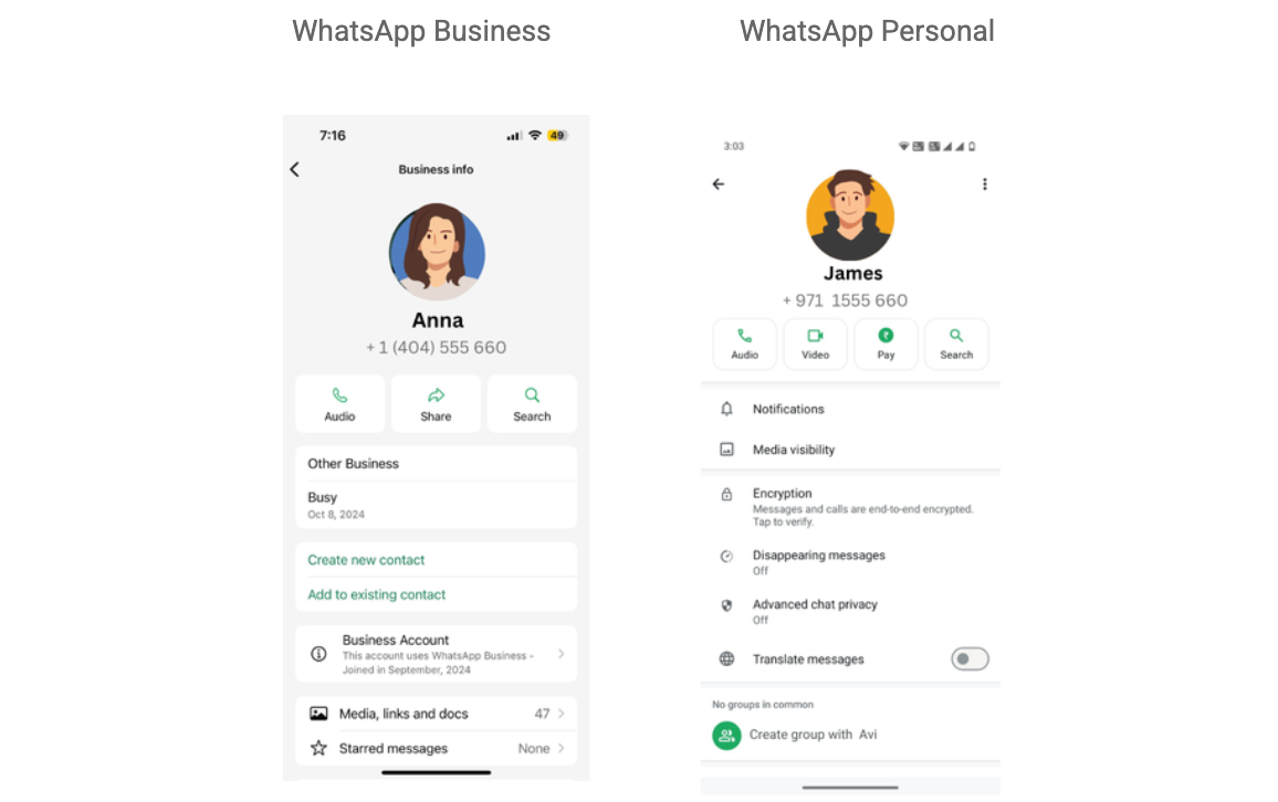 WhatsApp Personal and Business Profile pages