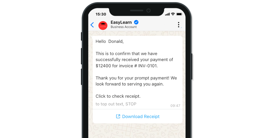 Payment Confirmation Message for ERP Integrated with WhatsApp Solution
