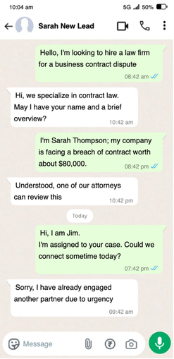 Law firm lead converstion on WhatsApp Business sample in Chakra Chat WhatsApp Business API