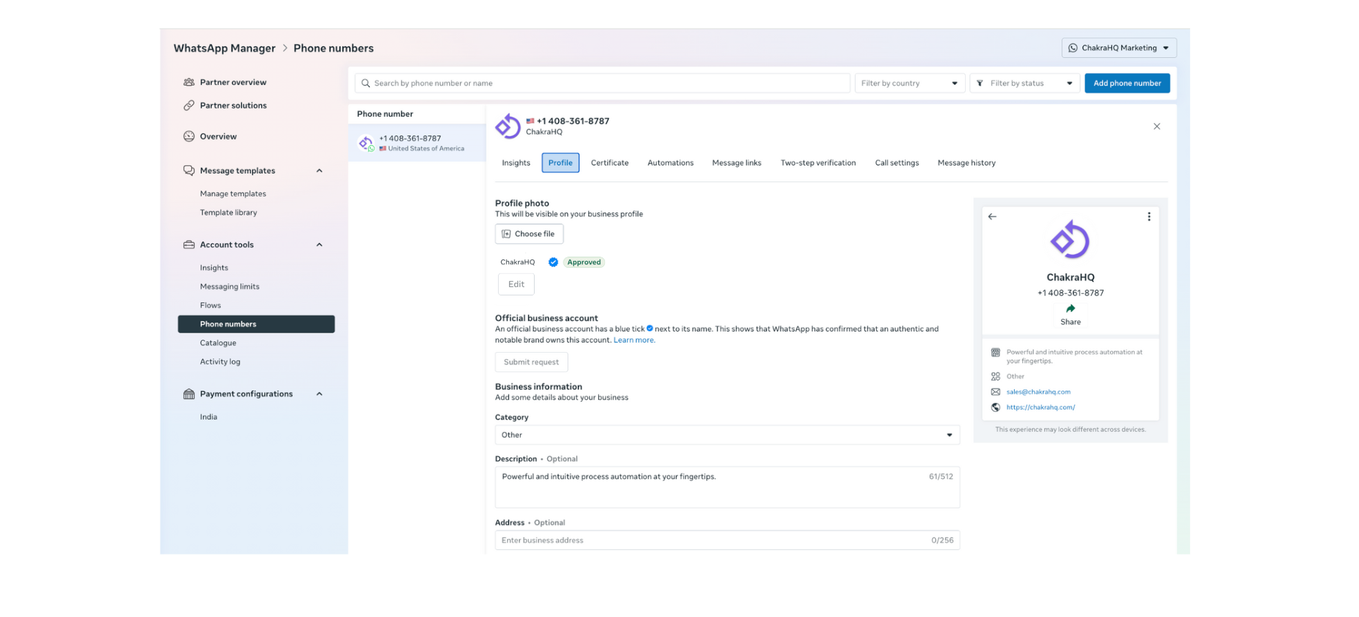 Official Business Account Configuration in WhatsApp Business Manager
