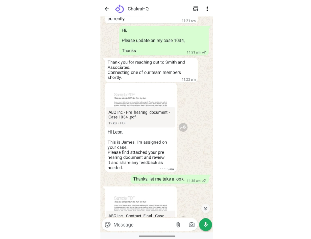 Law FIrm Client Chat Conversation with document sharing in Chakra Chat WhatsApp Business API / Coexistence