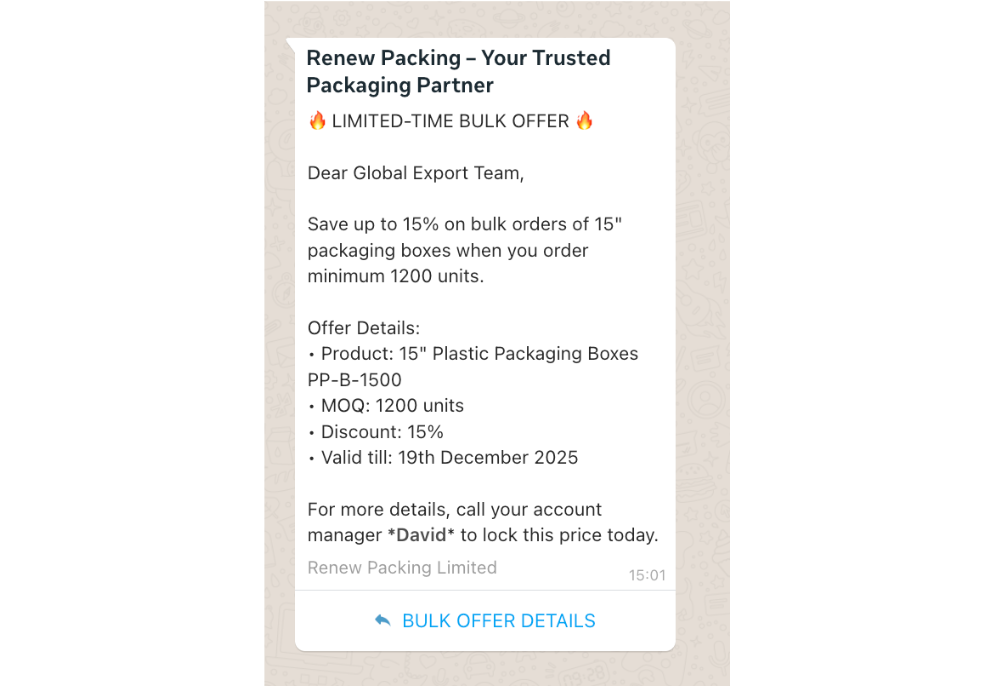 Promotional offers by manufacturing businesses ot their B2B customers using WhatsApp Business API