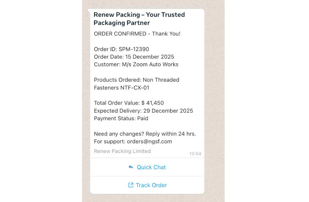 Order Confirmation notification on WhatsApp for Manufacturing businesses