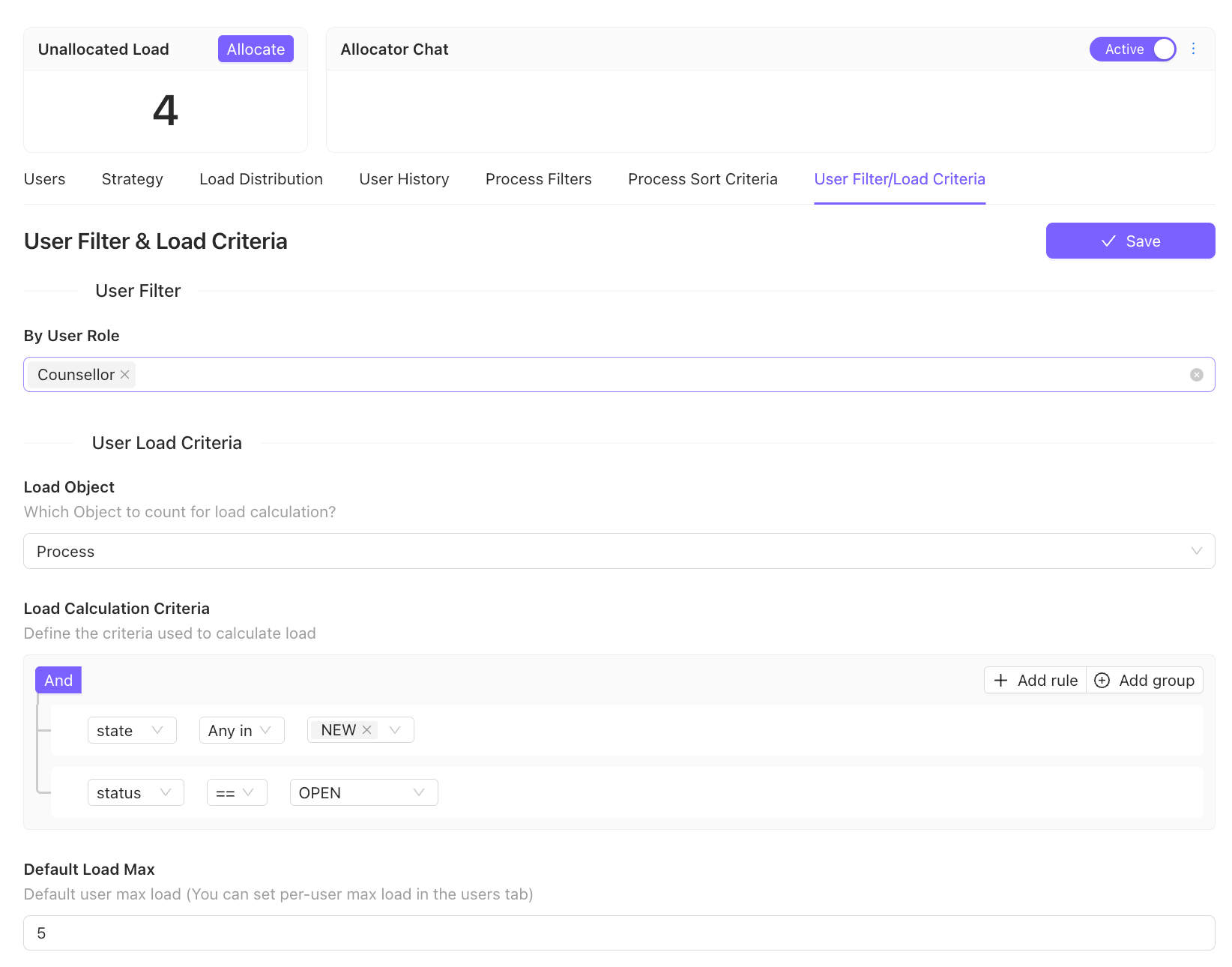 User Filter and Load Criteria in Chakra Lead Allocator