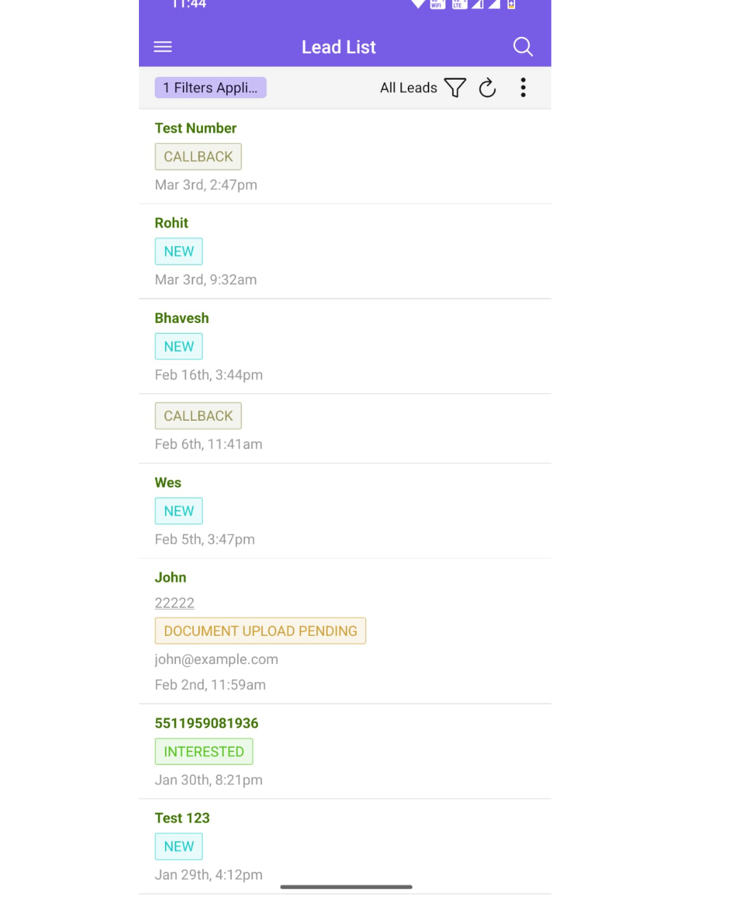 Chakra Sales Mobile app Leads Dashboard