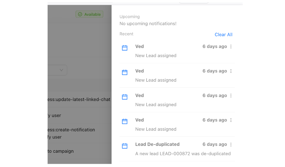 Notification Bar: Track all notifications upcoming and past in Chakra Sales CRM