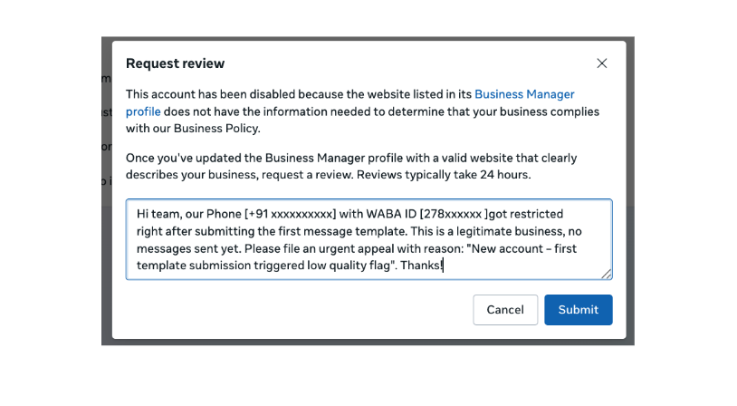Request Review Form - Meta Business Support Home