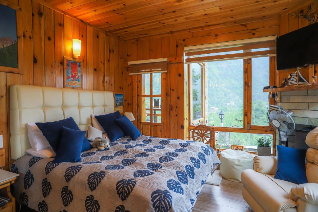 Cozy villa bedroom with wooden interiors