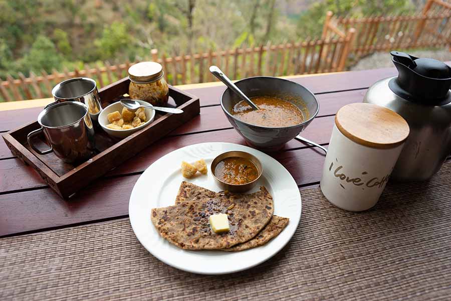 Food spread on wooden table