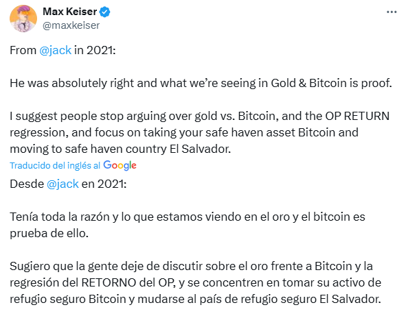 Publicación en X de Max Keiser