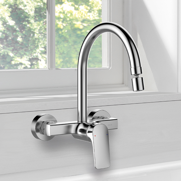 Single Handle Wall Mount Kitchen Faucet - Polished Chrome - 44004-SQ