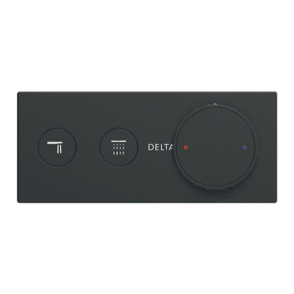 Contemporary shower control trim with compact control panel and precision push-button operation