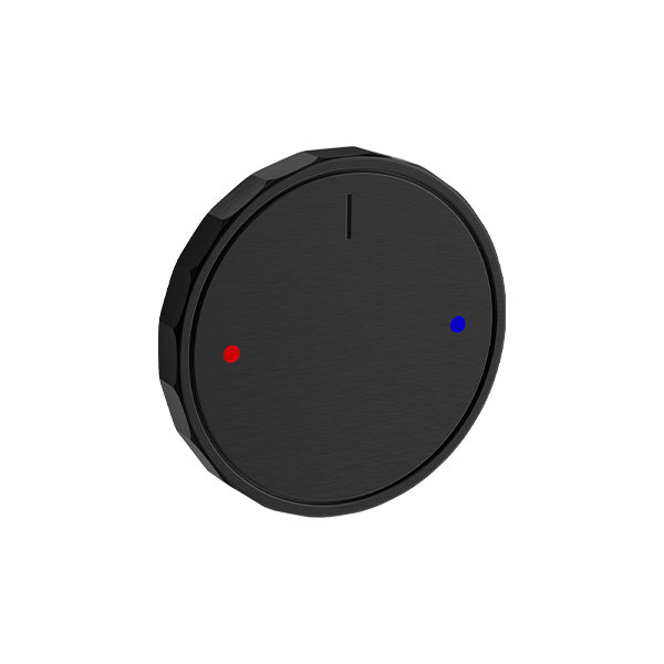 Luxury shower control trim in a single-piece design with interchangeable button caps and refined finish