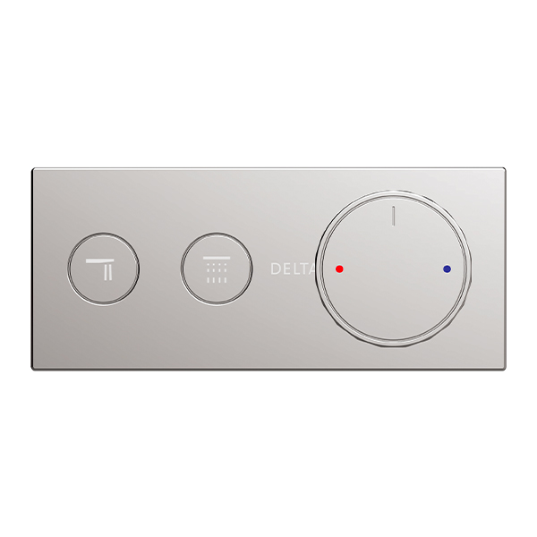 Contemporary shower control trim with compact control panel and precision push-button operation