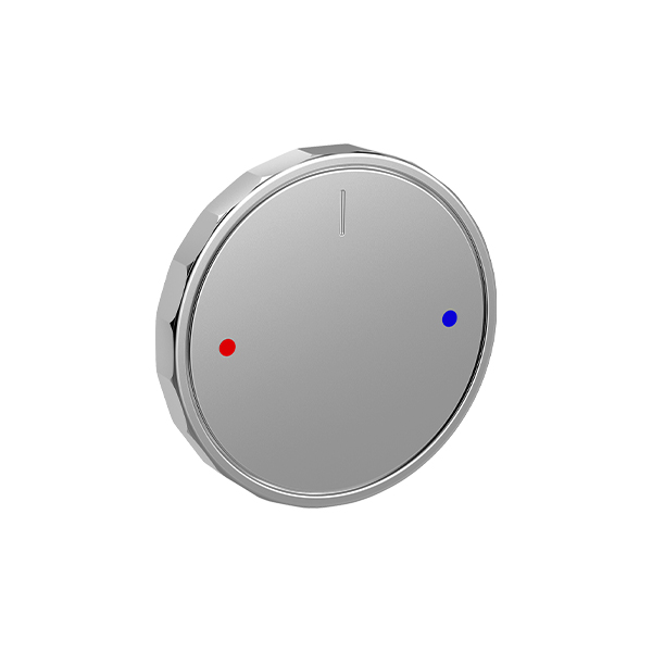 Luxury shower control trim in a single-piece design with interchangeable button caps and refined finish