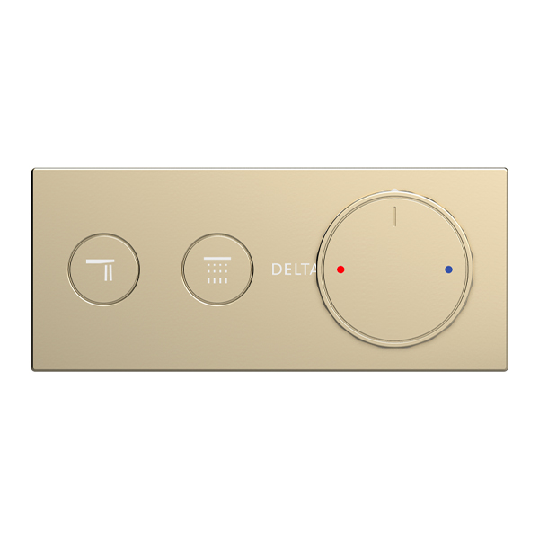 Contemporary shower control trim with compact control panel and precision push-button operation