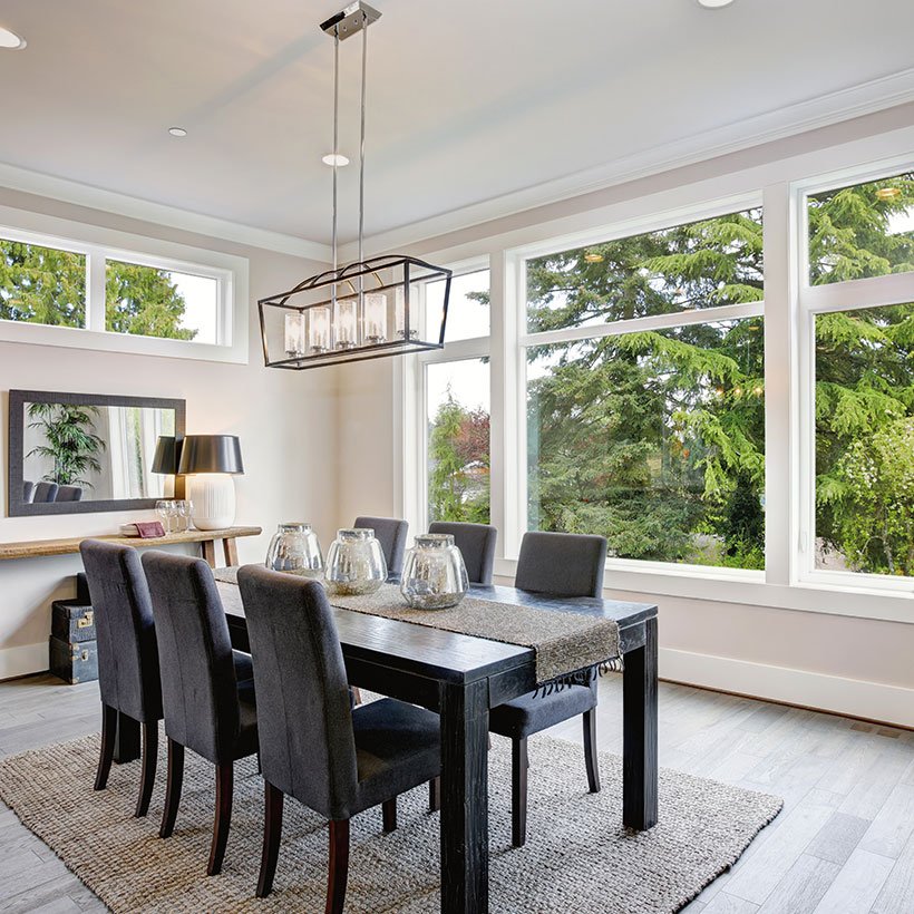 The bright feel gives a good look for dining room lighting with big and spacious windows almost covering the walls of dining room design