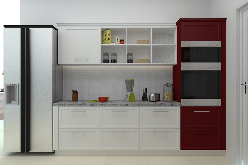 Open cabinet kitchen shelf design with a section of the upper cabinet to open shelves