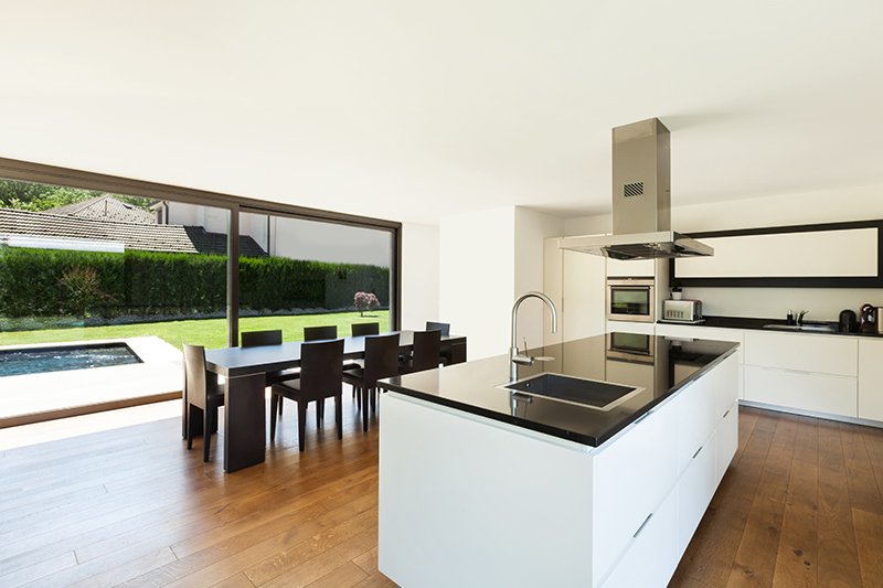 Open kitchen design photo gallery with a beautiful outdoor view with glass doors with open kitchen interior design
