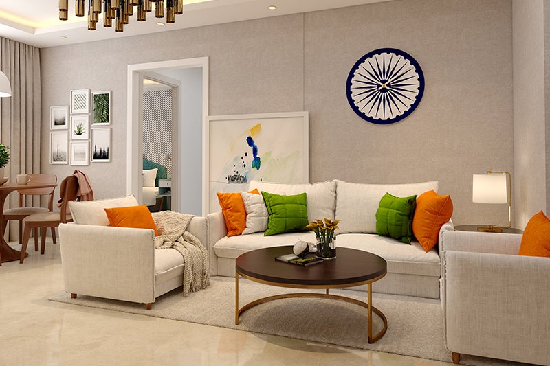 Tricolour wall hanging to decorate home for republic day along with tri colour sofa cushions