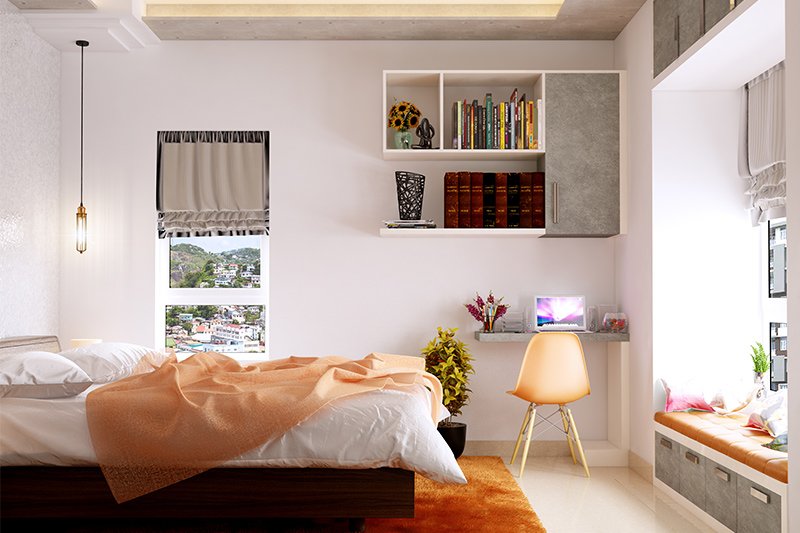 Study area in bedroom where the room has great views of the outside courtesy large windows and also read these bedroom study design ideas