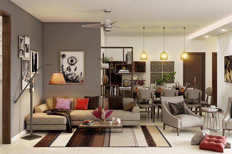 Fresh flowers, house plants, bright sofa cushions and floor cushion bring welcome touches of colour to the sophisticated design in small living room with dining
