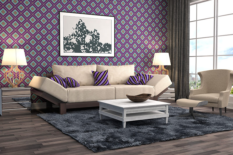Purple paint clours for living room with a funky pattern and purple sofa cushions with cool stripes with a wall of purple room paint