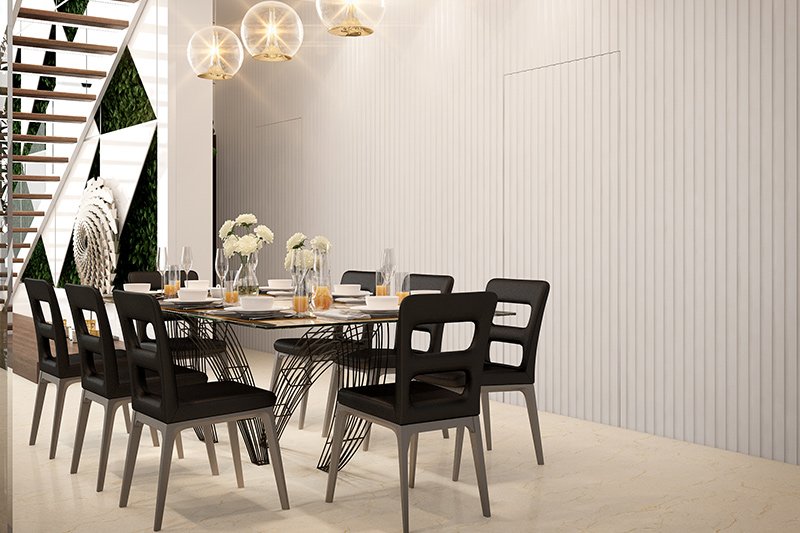 Modern contemporary dining room which is monochrome with black and white colour