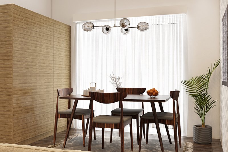 Modern dining room ideas with a designer lamp for nuclear families