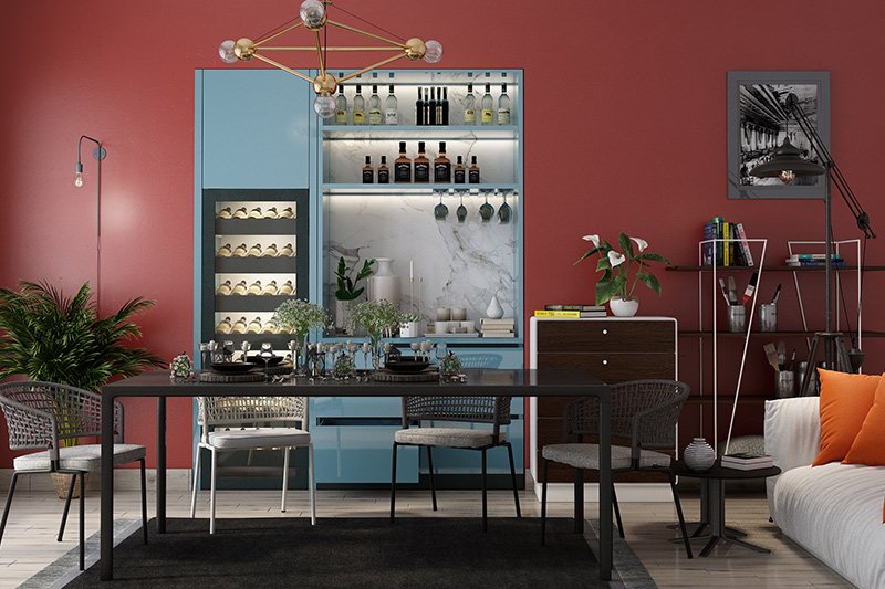 Modern dining room sets with a bar in the living area