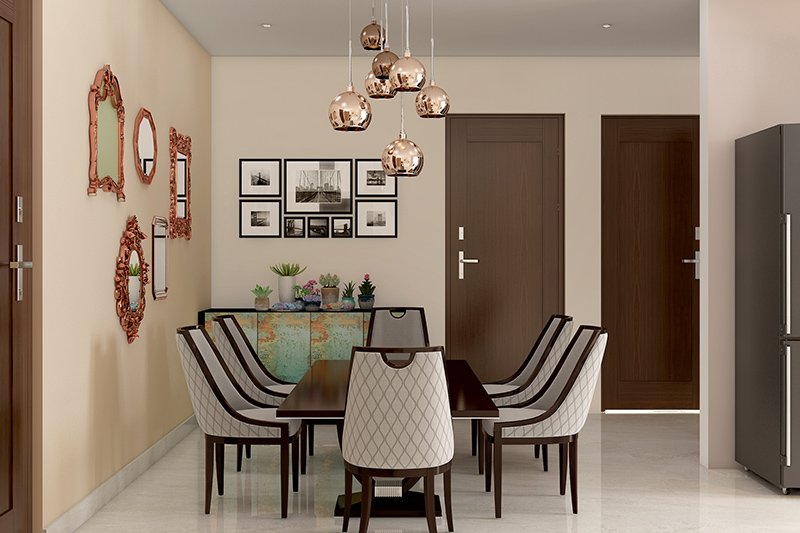 Modern dining room table with low seating arrangement with the addition of copper accents for a modern dining room design