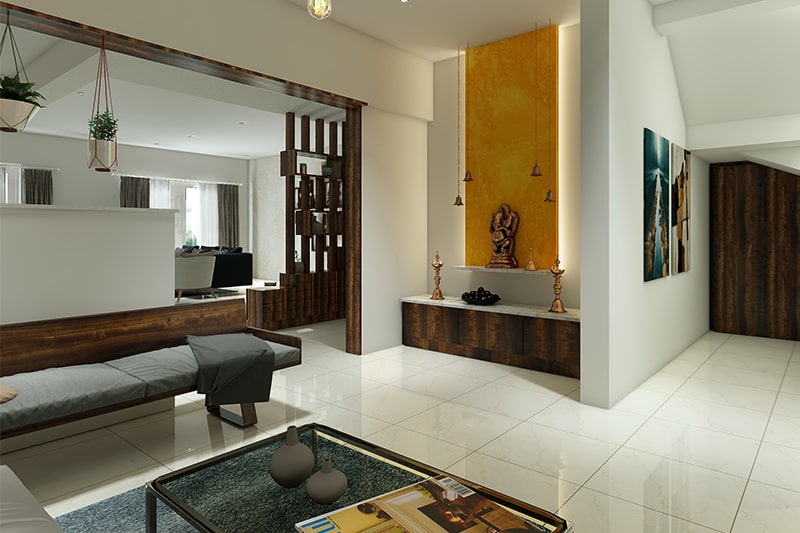 Pooja room interior design in hyderabad is simple, made from wood and marble