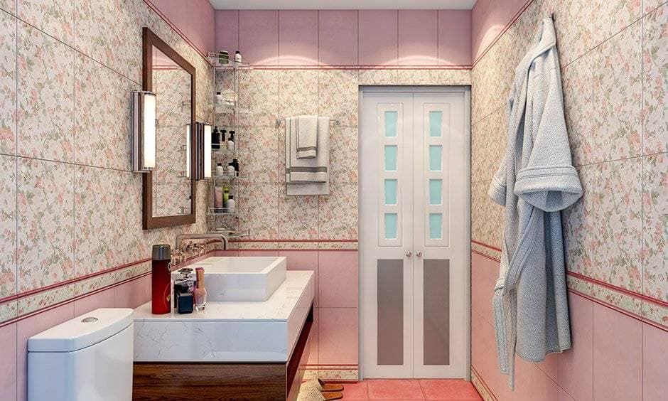 Small bathroom door design built with decorative glass panels with a bifold door design