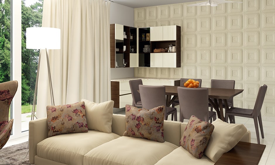 Dining room decor ideas with a wall on one side is completely upholstered