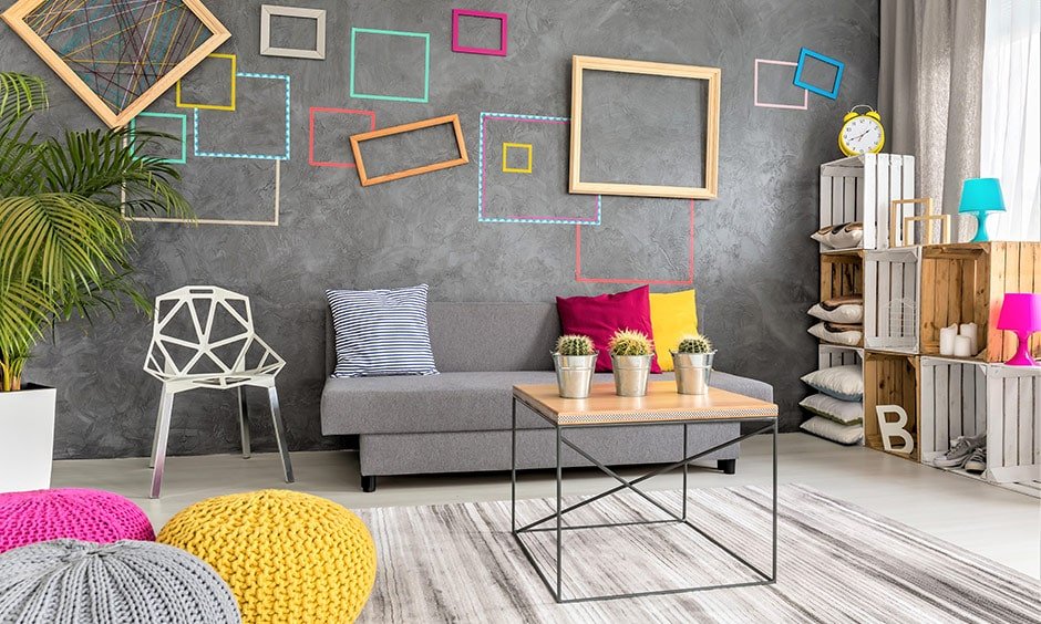 Grey living room with colorful photo frames for modern lifestyle couples