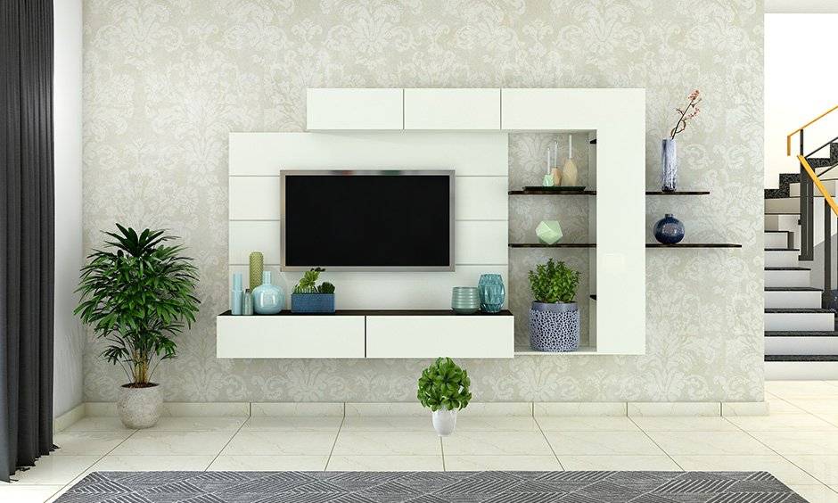 Living and dining room with an entertaining entertainment unit with push to open shutter