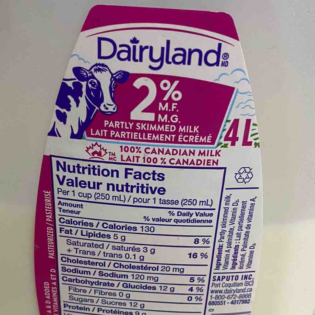 milk (dairyland) 2 fat partly skimmed Health and Nutrition Facts