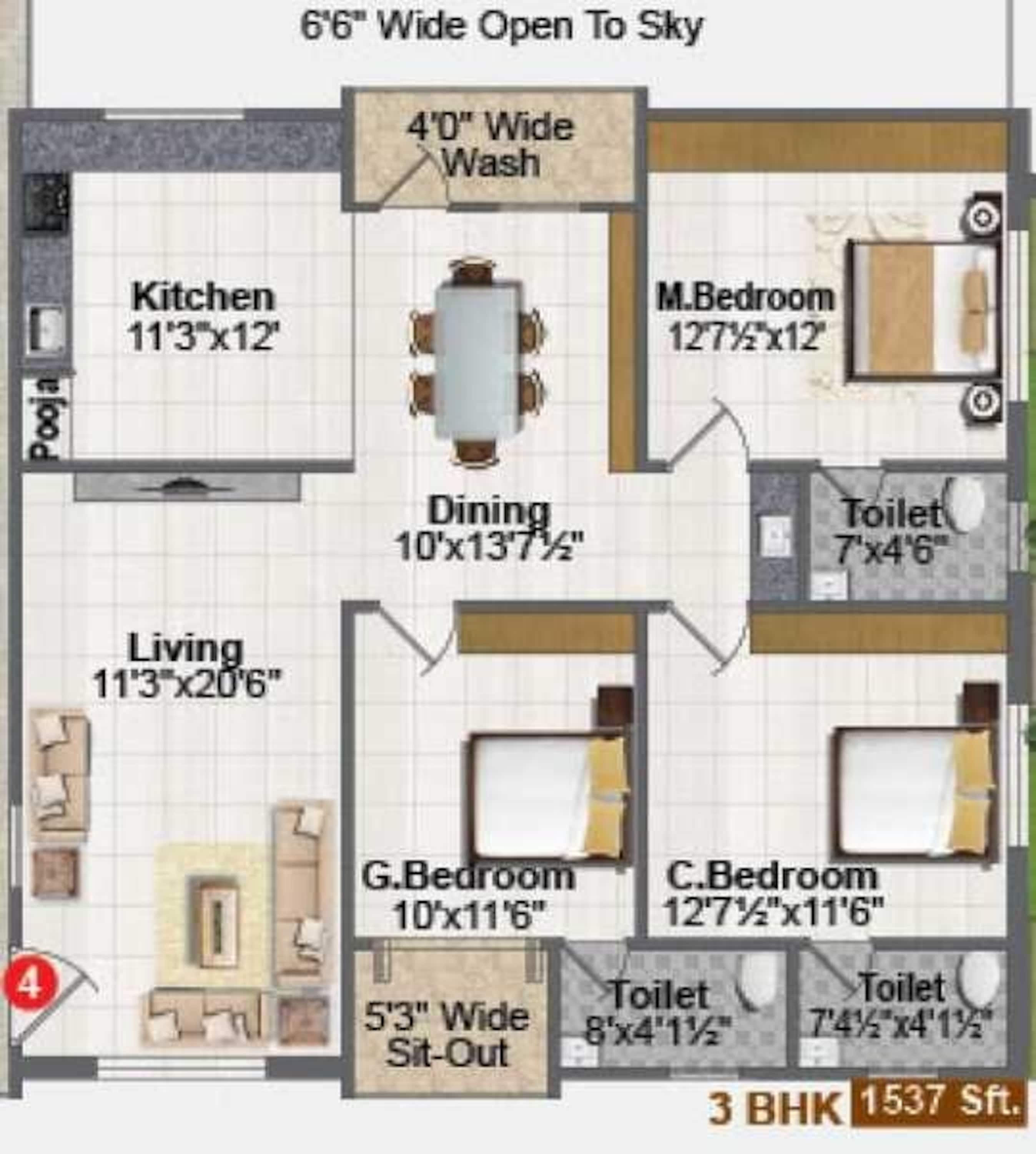 3BHK floor plan