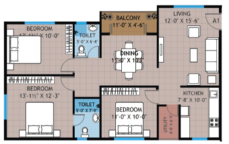 3BHK floor plan