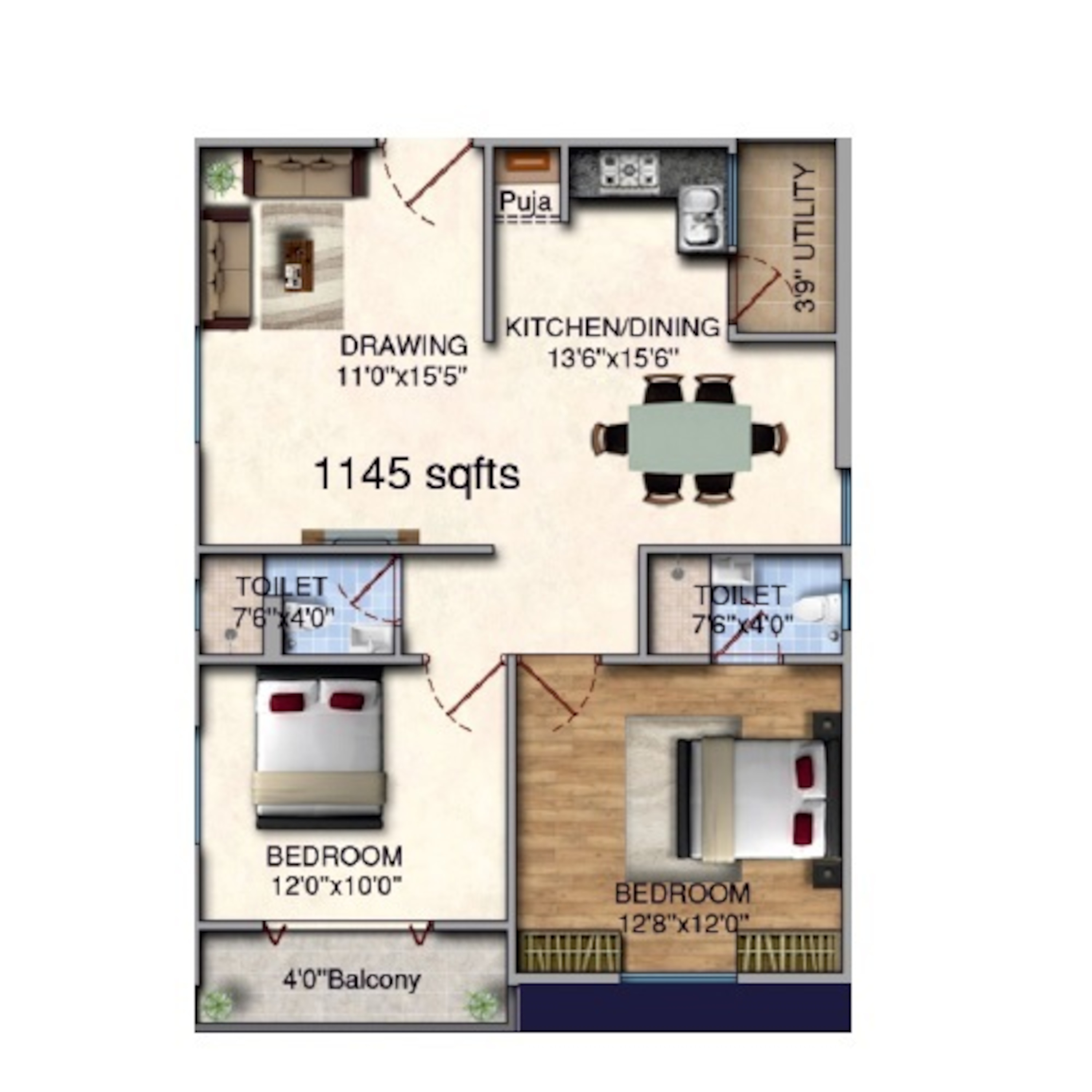 2BHK floor plan